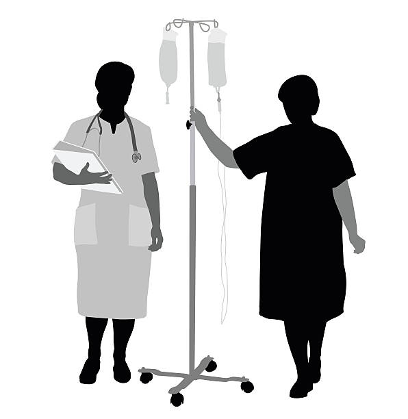 Doctor And Patient Closeup Vector Silhouette A vector silhouette illustration of a female doctor and a patient walking and hooked up to an IV unit. nurse silhouettes stock illustrations