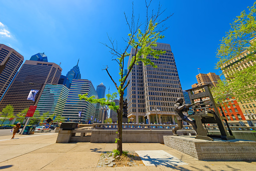 Philadelphia, USA - May 4, 2015: Benjamin Franklin Craftsman sculpture at Municipal Services Building in Philadelphia, Pennsylvania, USA. It is central business district in Philadelphia.