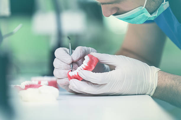 Dental prosthesis, dentures, prosthetics work. Dental prosthesis, dentures, prosthetics work. Dental students while working on the denture, false teeth, a study and a table with dental tools. human teeth stock pictures, royalty-free photos & images