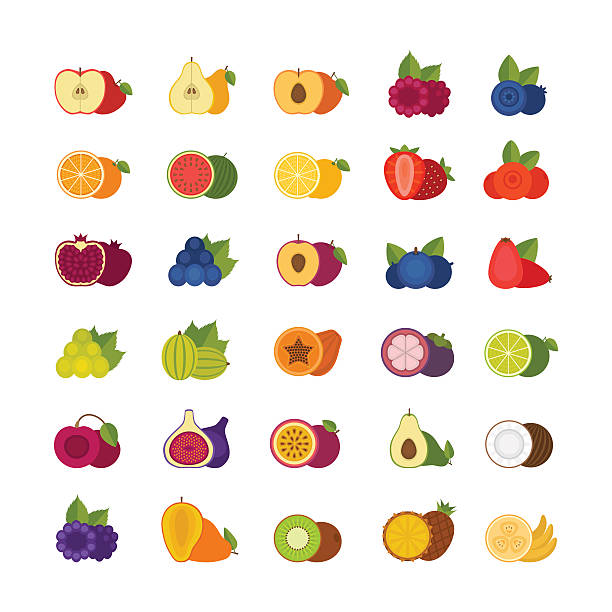 фрукты и ягоды иконы набор. плоский стиль, векторная иллюстрация. - raspberry gooseberry strawberry cherry stock illustrations