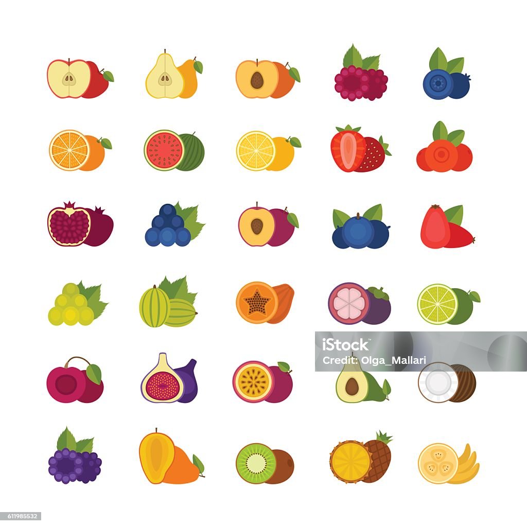 Fruits and berries icons set. Flat style, vector illustration. Fruit stock vector