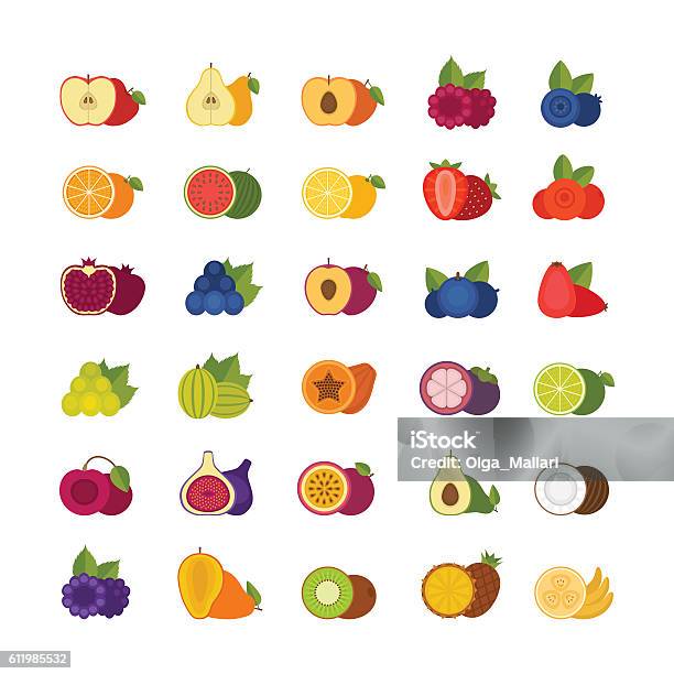 Fruits And Berries Icons Set Flat Style Vector Illustration Stock Illustration - Download Image Now
