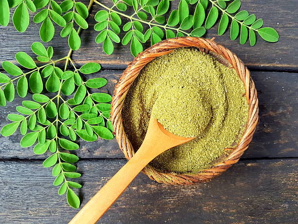 Moringa Powder Moringa powder or super food in wooden spoon with moringa fresh leaves moringa leaves stock pictures, royalty-free photos & images
