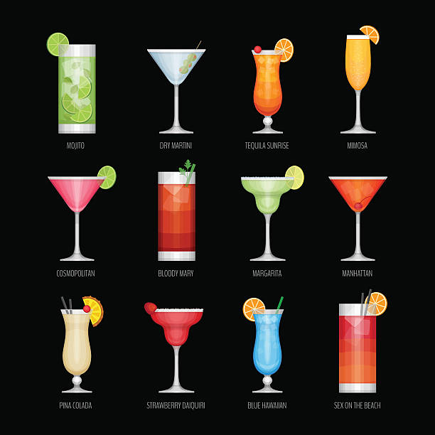 flache ikonen satz von beliebten alkohol-cocktail. flacher stil, vektor-illustration. - strawberry daiquiri stock-grafiken, -clipart, -cartoons und -symbole