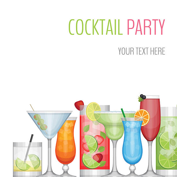 Cocktail party card. Cocktail bar flyer. Flat style, vector illustration. Cocktail party card. Cocktail bar flyer. Flat design style, vector illustration. Gin stock illustrations
