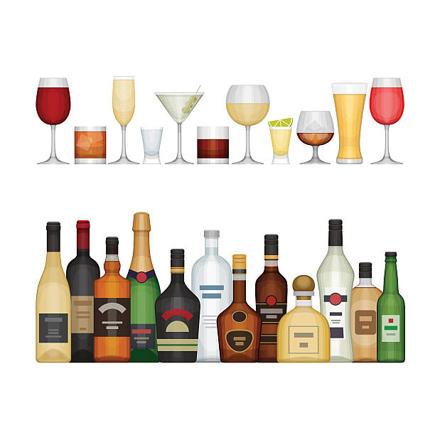 набор различных бутылки алкоголя и стаканы. - wine wine bottle hard liquor symbol stock illustrations