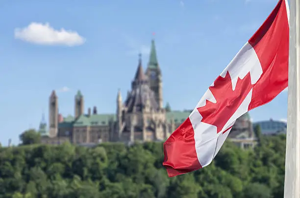 Photo of Canadian flag waving with Parliament Buildings hill and Library