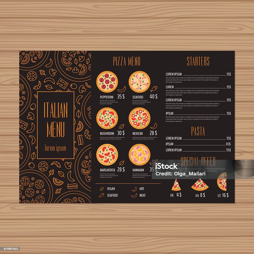 Pizza menu design. Pizza menu design. Tri-fold leaflet layout template. Restaurant brochure with modern line graphic. Vector illustration. Menu stock vector