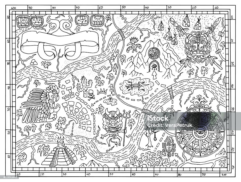 Ancient Mayan map in treasure hunt concept Ancient Maya or pirate map for adult or kids coloring book. Hand drawn vector illustration with treasure hunt, vintage adventures and old transportation concept. Doodle drawing with compass wind rose Mayan stock vector