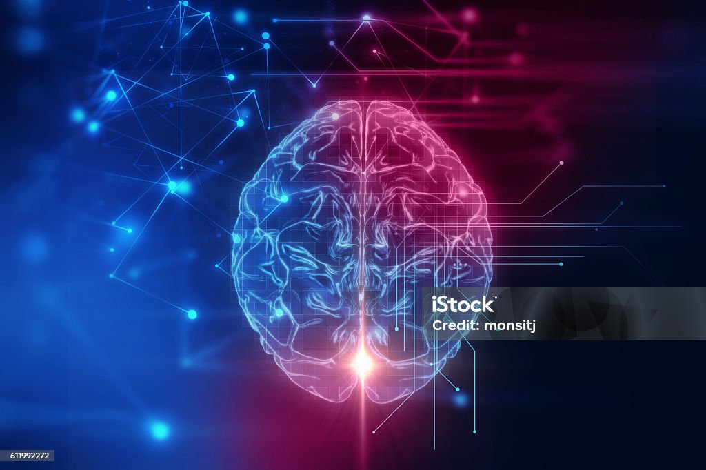 3d rendering of human  brain on technology background 3d rendering of human  brain on technology background  represent artificial intelligence and cyber space concept Technology Stock Photo