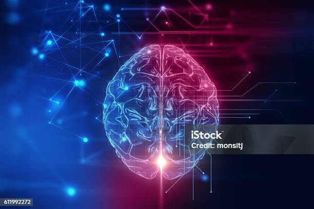3d Rendering Of Human Brain On Technology Background Stock Photo - Download Image Now