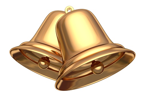 Golden Christmas bells isolated on white 3D illustration