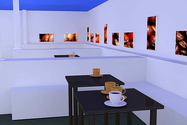 istock hall with tables and white and golden coffee cups 611993546
