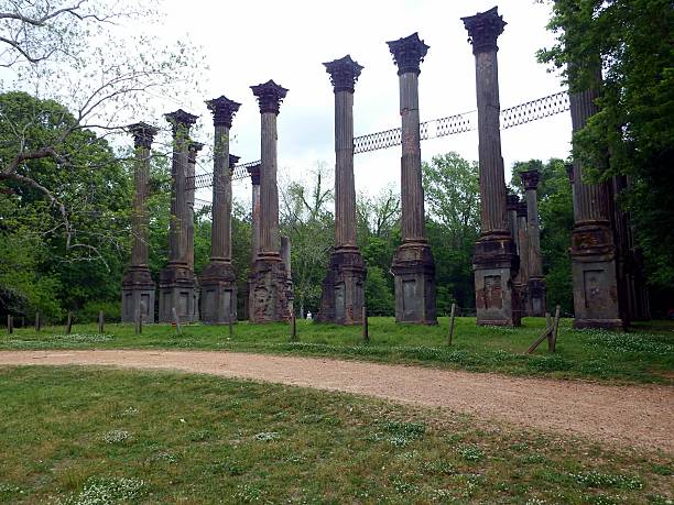A decaying gothic-style brick structure with towering chimneys stands in a dense autumn forest, overtaken by nature and fallen leaves.