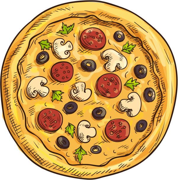 ilustrações, clipart, desenhos animados e ícones de esboço de pizza italiana para pizzaria e design de café - pizza pepperoni vector ingredient