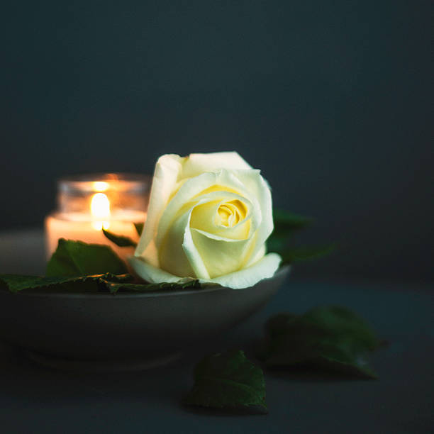 istock Rose with burning candle in rememberance or for vigil 611994828