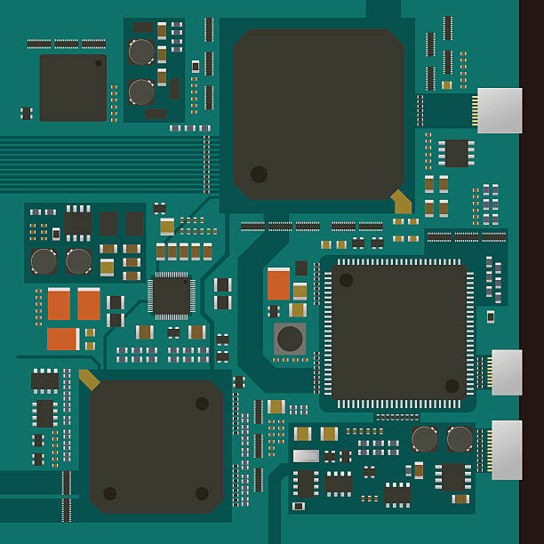 electric circuit board, various IC chips and electronic components electric circuit board, various IC chips and electronic components, vector illustration inductor filter stock illustrations