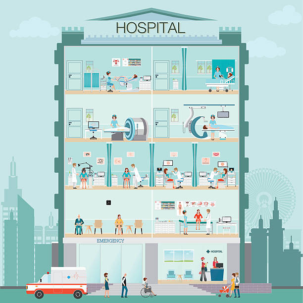 illustrations, cliparts, dessins animés et icônes de extérieur du bâtiment de l’hôpital avec médecin et patient - scientific imaging technique illustrations