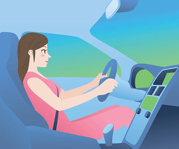 자동차 조종석과 여성 드라이버, 측면 보기, 벡터 일러스트 - car driving women driver stock illustrations