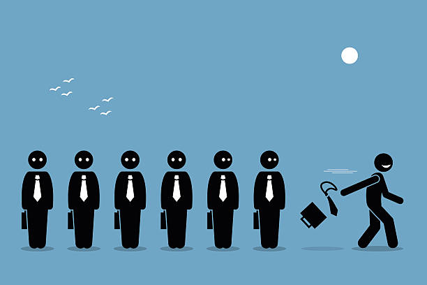 Employee Quiting Job Employee quiting his job by throwing away business briefcase bag and tie leaving all other boring workers behind. Vector artwork depicts the pursuit of happiness. escaping illustrations stock illustrations
