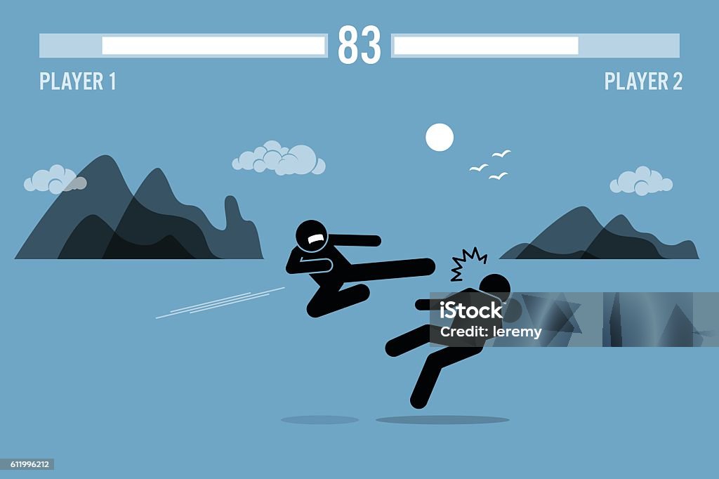 Stick figure fighter inside Video Game Stick figure fighter characters fighting inside a video game scene with health bars on top. One person is flying kicking another man with beautiful scenery at the background. Fighting stock vector