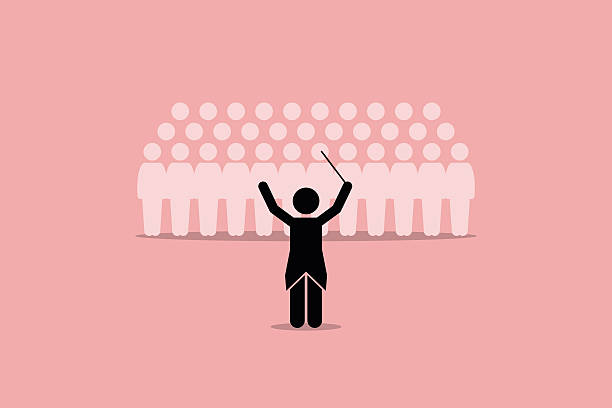 Conductor conducting a choir group. Conductor conducting a choir group. Vector artwork depicts leadership, director, instructor, master, and coordinator. conductor baton stock illustrations