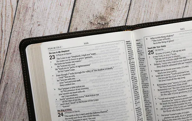 An Opened Bible on a White Distressed Wooden Table