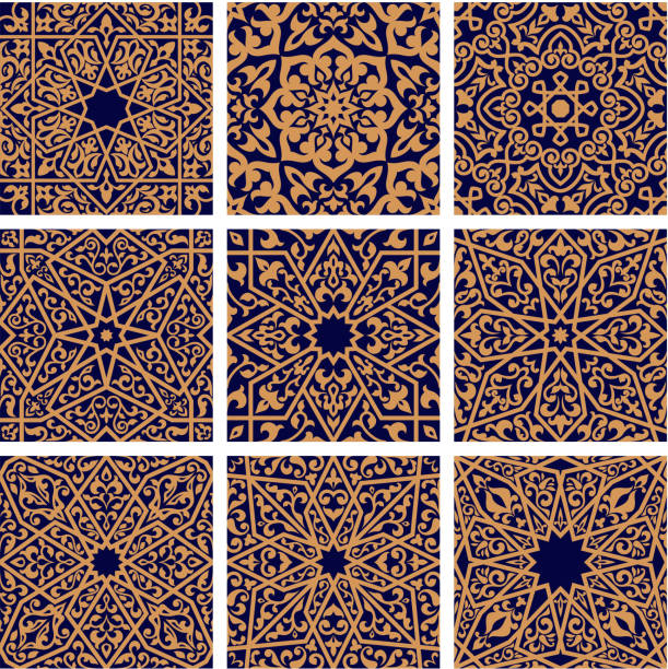 Arabic seamless floral pattern set for tile design Arabic seamless floral patterns with set of orange arabesque ornaments with flowers, leaves and geometric ethnic motifs on dark blue background. Tile and textile print design fruit of islam stock illustrations