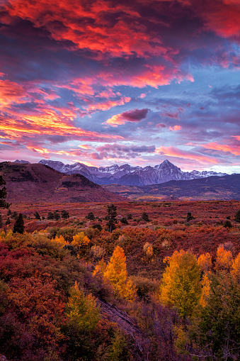 Drama unfolds at sunrise over the Dallas Divide at Colorado's San Juan Mountains at autumn.  Golden aspens are in the foreground.