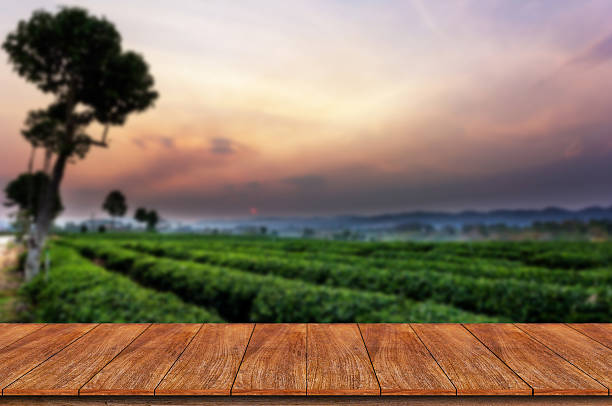 istock Empty wooden table and blur tea plantation background 612001266
