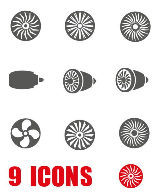 흰색 배경에 설정된 벡터 회색 터빈 아이콘 - jet engine stock illustrations