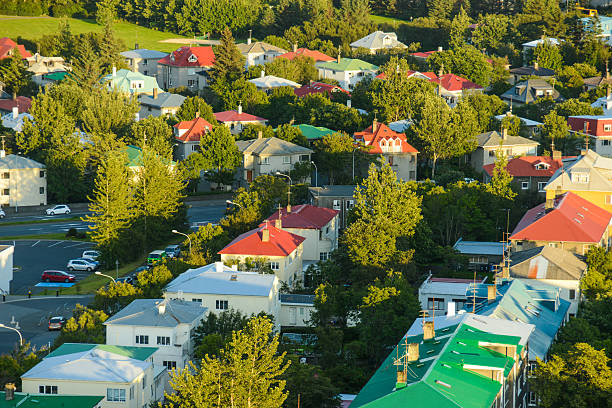 colored rooftops in Rekjavik city view from above