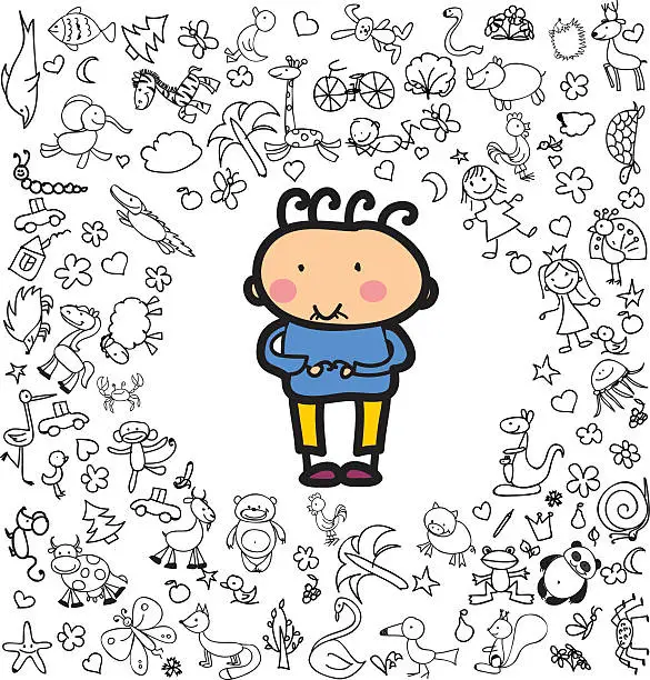 Vector illustration of Doodle kid on the doodle background