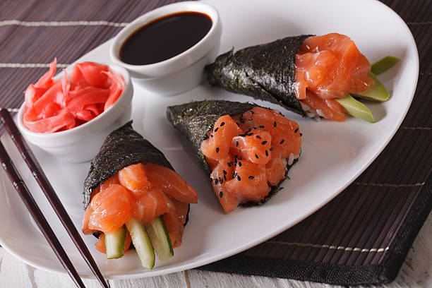 istock Japanese cuisine: Salmon temaki sushi on a plate close up 612004924