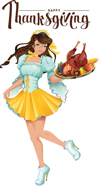 ilustrações, clipart, desenhos animados e ícones de feliz dia de acção de graças. garçom de menina bonito - women meat working tray