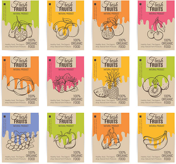 bildbanksillustrationer, clip art samt tecknat material och ikoner med hand drawn fruits posters set. - juice