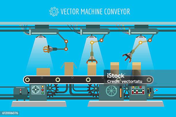 Machinery Industrial Factory Conveyor Belt Stock Illustration - Download Image Now - Production Line, Robot, Factory