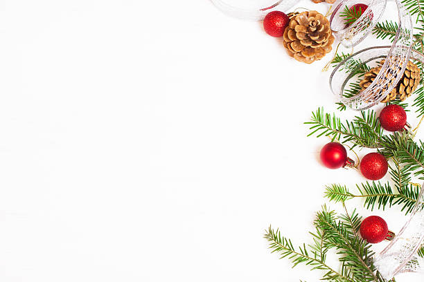 istock Red Christmas balls, fir branches and cones 612008074