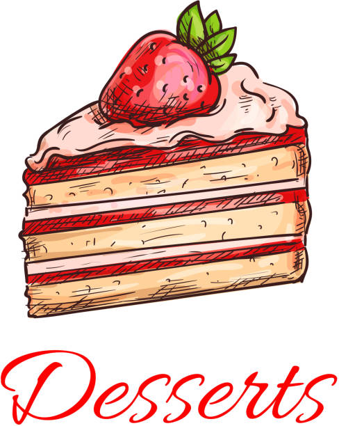 Strawberry cake icon with fruit cream and fresh berries. Delicious fruit cake in sketch style for cafe, pastry shop, cooking book design