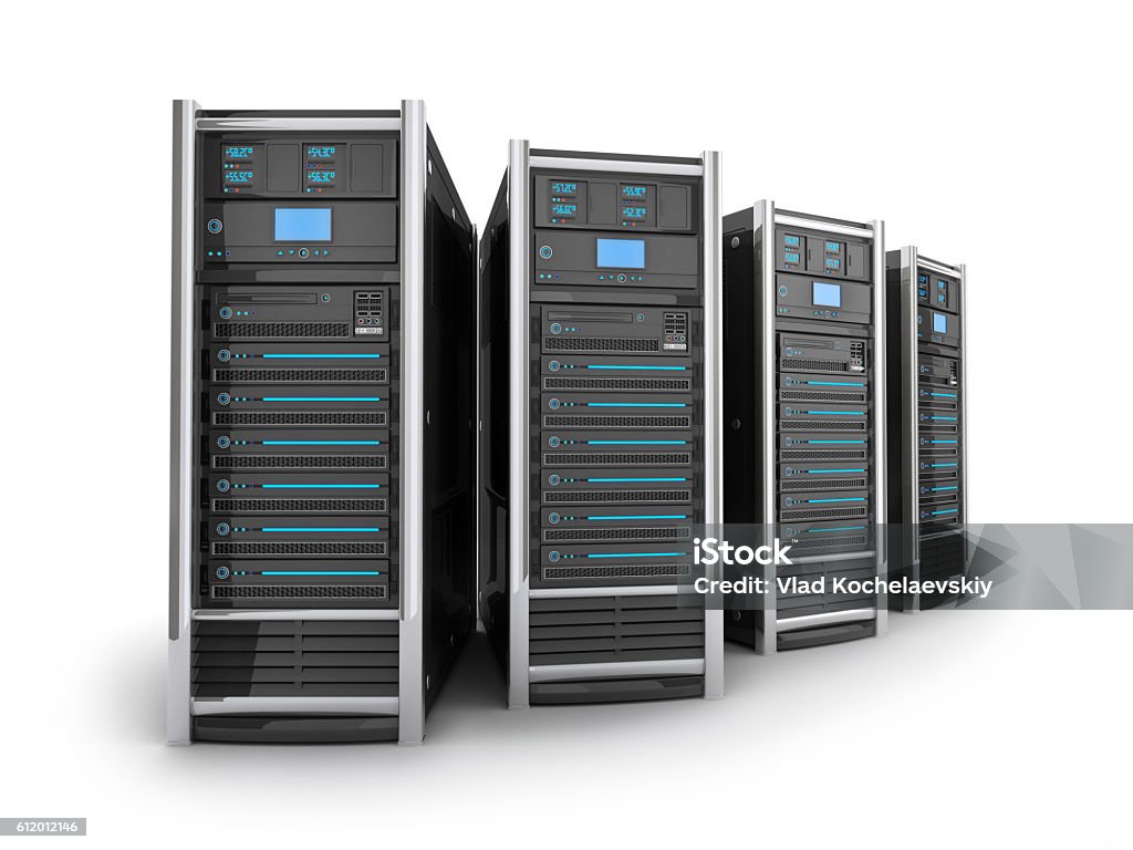 Four big server Four Server high-end, view top on white background (done in 3d rendering)  Network Server Stock Photo