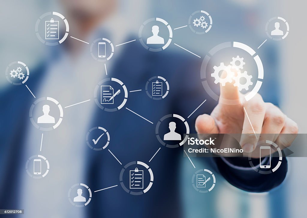 Automation of business workflows and processes with businessman Automation of business workflows and processes with a businessman in background touching a button Motion Stock Photo