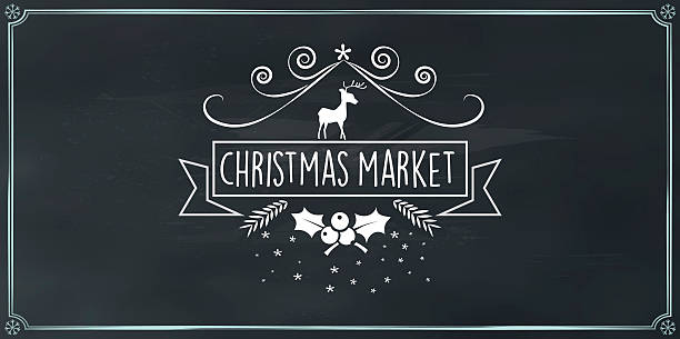 vektor weihnachtsmarkt vintage abzeichen auf kreidetafel - weihnachtsmarkt stock-grafiken, -clipart, -cartoons und -symbole
