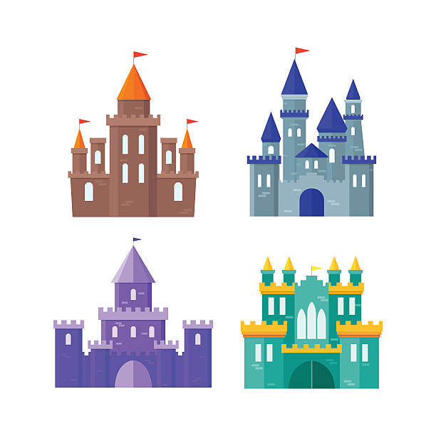 Ancient Castle Building Set. Vector Color Ancient Castle Building Set. Flat Design Style. Vector illustration cartoon palace stock illustrations