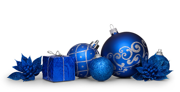 Group of blue christmas balls isolated on white background