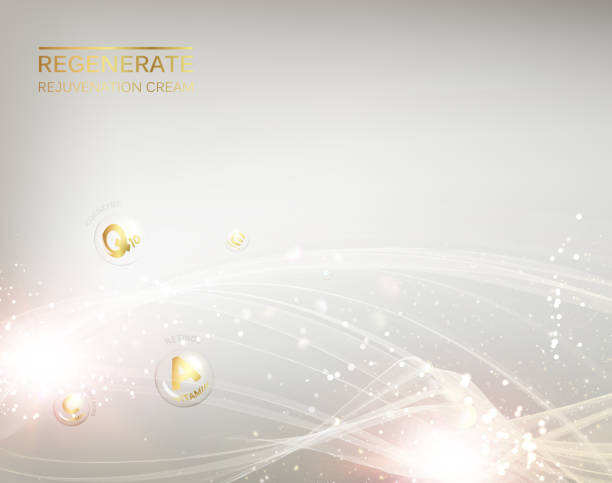 Regenerate face cream. Science illustration of a cream molecule. Regenerate face cream and Vitamin complex concept. Organic cosmetic and skin care cream. Beauty skin care design over silver background. Vector illustration. skin care background stock illustrations