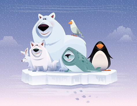 vector illustration of happy polar animals gathering…