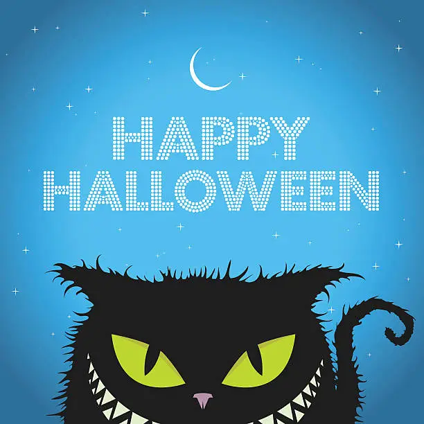 Vector illustration of Happy Halloween Black Cat with evil smile