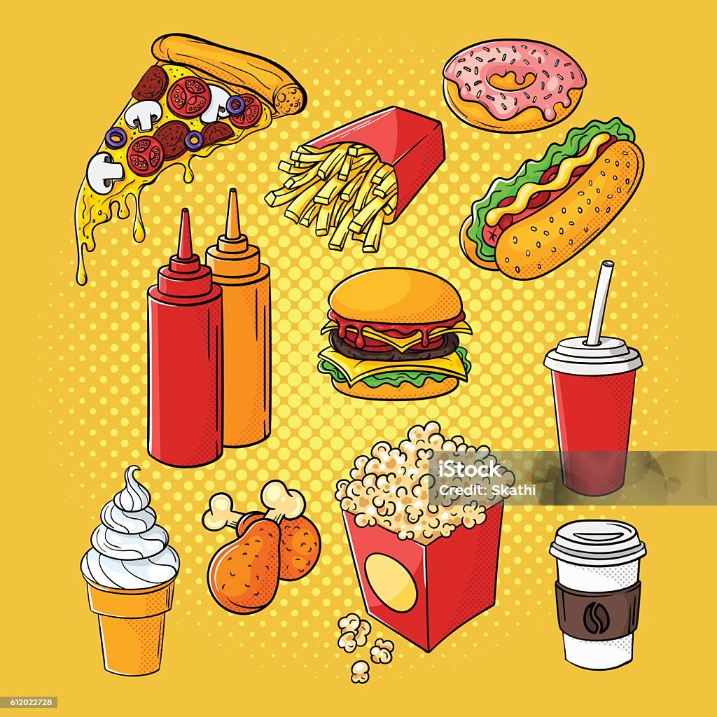 Vector hand drawn pop art set of fast food. Vector hand drawn pop art set of fast food. Illustration of ketchup and mustard, burger, chicken legs, soda cup, pizza and hot dog. Retro style. Hand drawn sign. Illustration for print, web. Burger stock vector