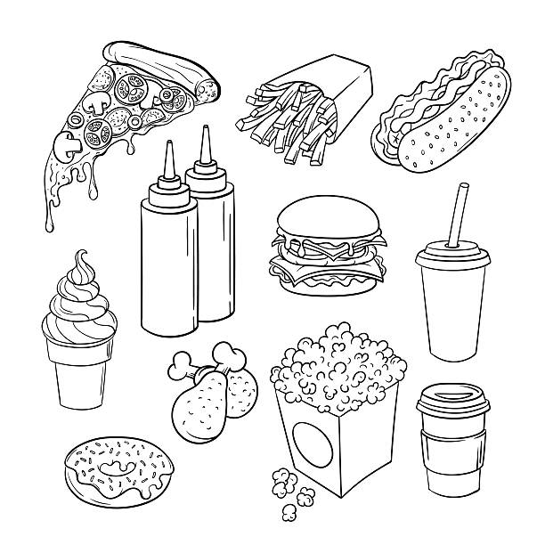 illustrations, cliparts, dessins animés et icônes de vector dessiné à la main pop art ensemble monochrome de restauration rapide. - cream ice symbol french fries