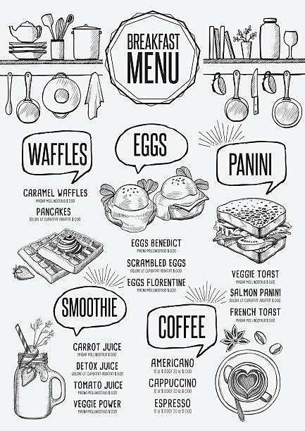 menu restauracja śniadaniowa, szablon żywności placemat. - chef food cooking sandwich stock illustrations